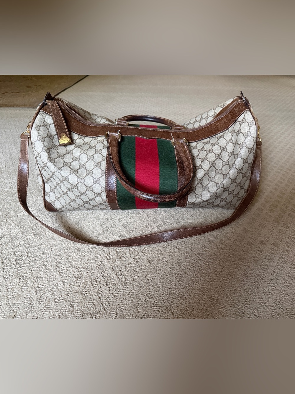 Gucci Beige Monogram Canvas Travel Bag with Green & Red Stripe